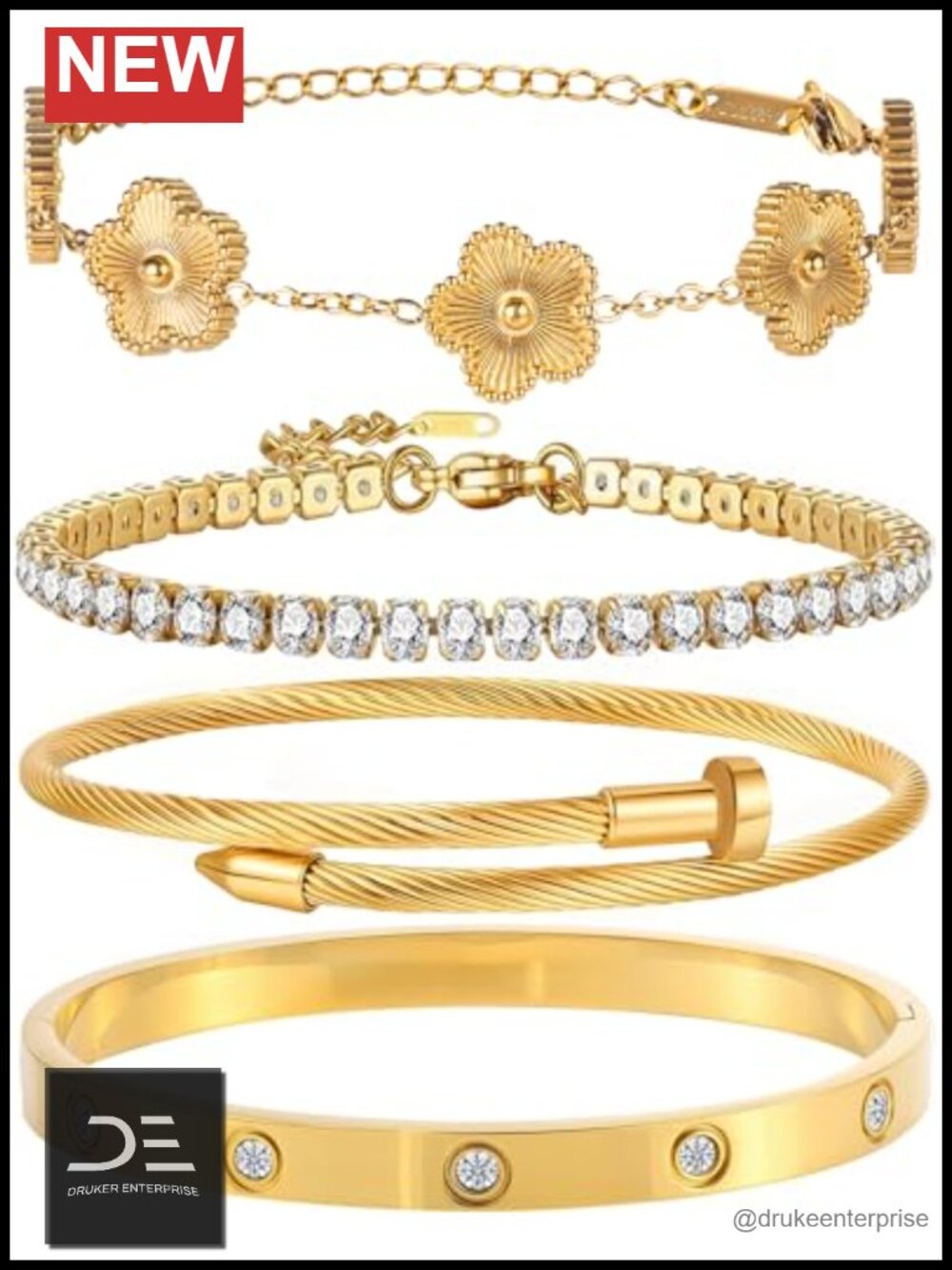 18K Gold Plated Bangle Bracelet Set Stackable Floral Tennis Bracelet Non
